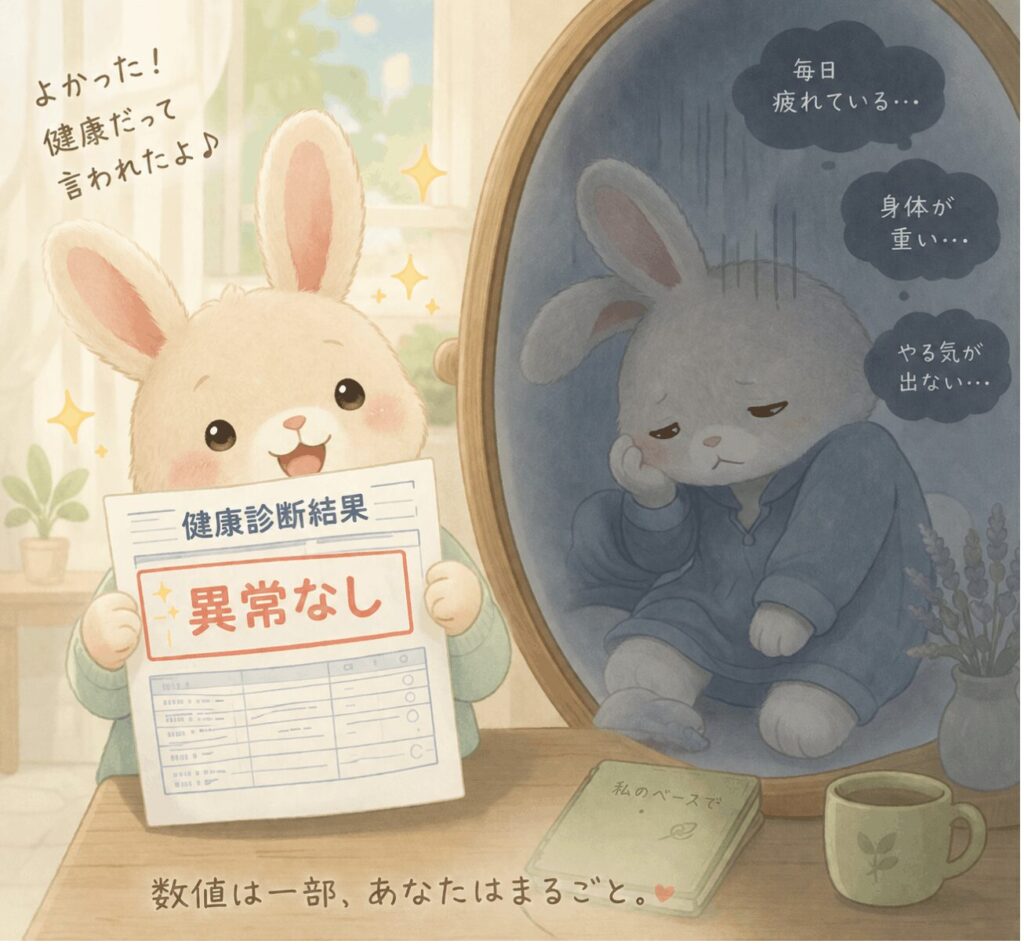健康診断で「異常なし」と喜ぶうさぎと、鏡の中で毎日の疲れや身体の重さを感じているうさぎのイラスト