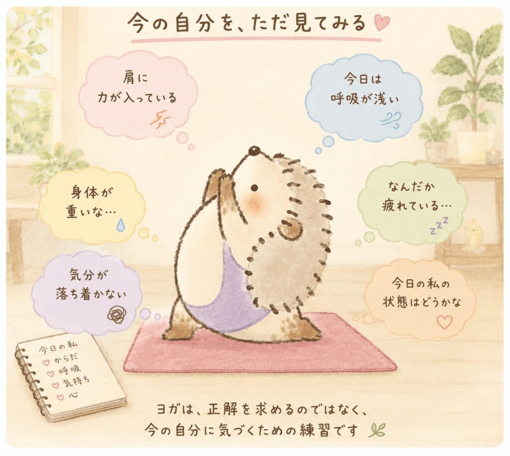 ヨガのポーズをとるハリネズミのイラスト。肩の力み・呼吸の浅さ・身体の重さに気づく様子。「今の自分を、ただ見てみる」ヨガは気づきの練習
