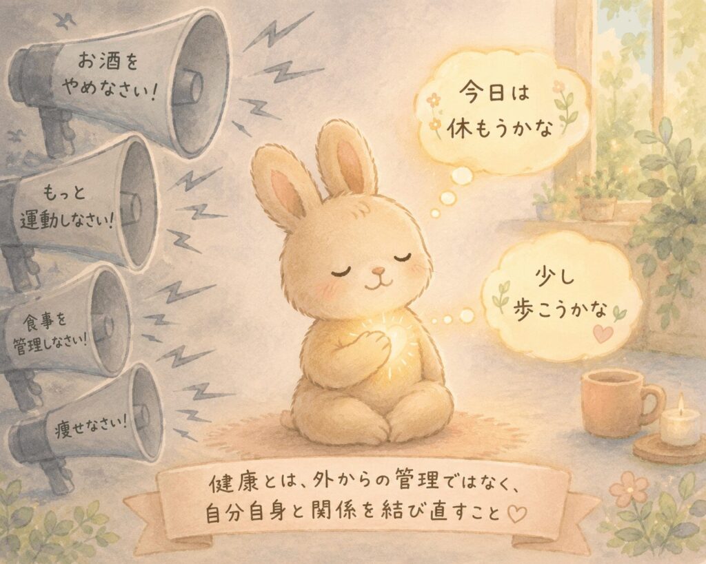 外から「お酒をやめなさい」「もっと運動しなさい」と迫るメガホンと、自分の内側から「今日は休もうかな」「少し歩こうかな」と気づくうさぎのイラスト。「健康とは、外からの管理ではなく、自分自身と関係を結び直すこと」というメッセージ入り