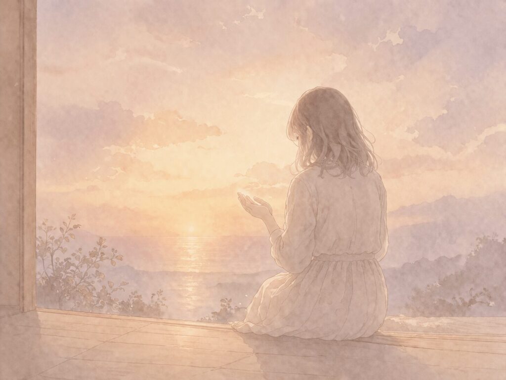 夕暮れの海を眺めながら手のひらに光を受ける女性の後ろ姿イラスト