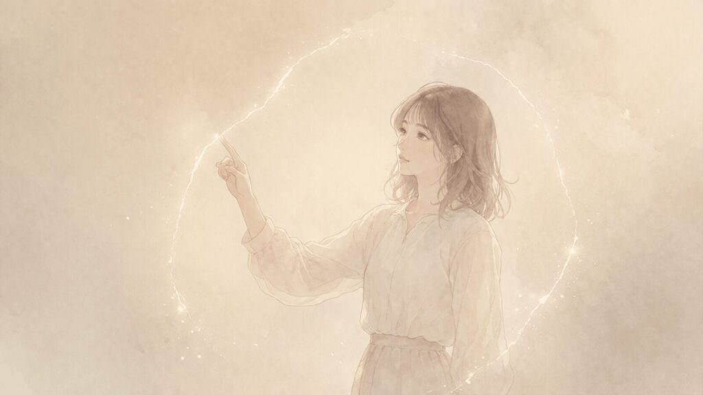 淡い光の輪郭に指先で触れる女性のイラスト、境界線の曖昧さを象徴