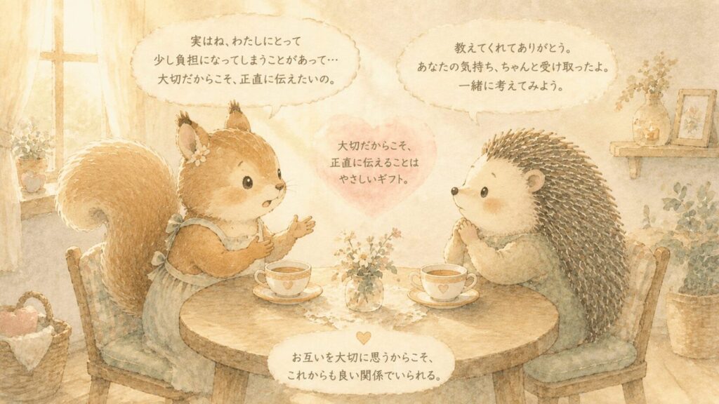 リスとハリネズミが穏やかにお茶を飲みながら、素直な気持ちを伝え合い、互いの領域を尊重する「愛の対話」を描いた温かい水彩画風のイラスト。