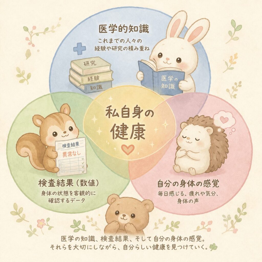 医学的知識、検査結果、自分の身体の感覚の3つが重なり合い「私自身の健康」につながるベン図