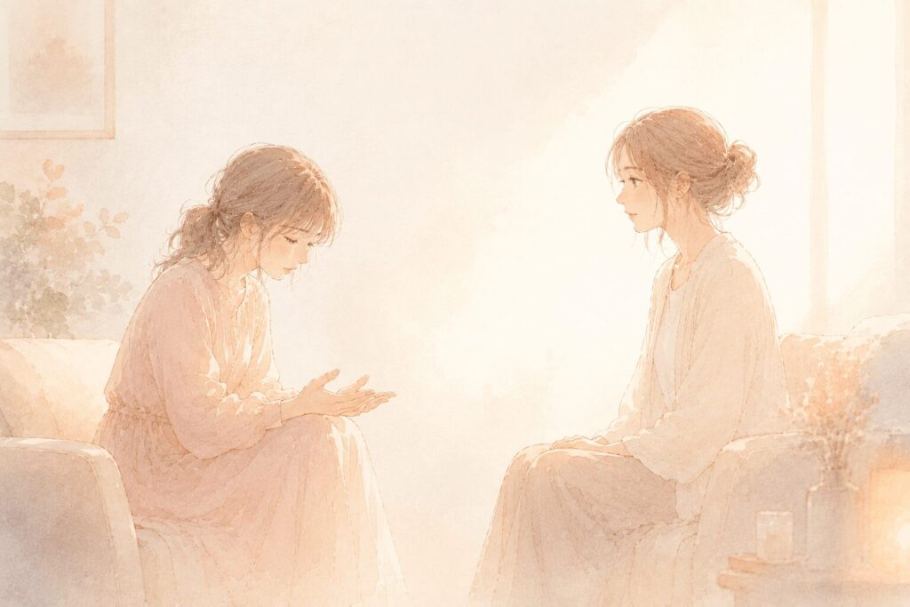 向き合って座る二人の女性。一方が俯きながら話し、もう一方はアドバイスを返さずただ静かに聴いているイラスト。受け止められている安心感を表す