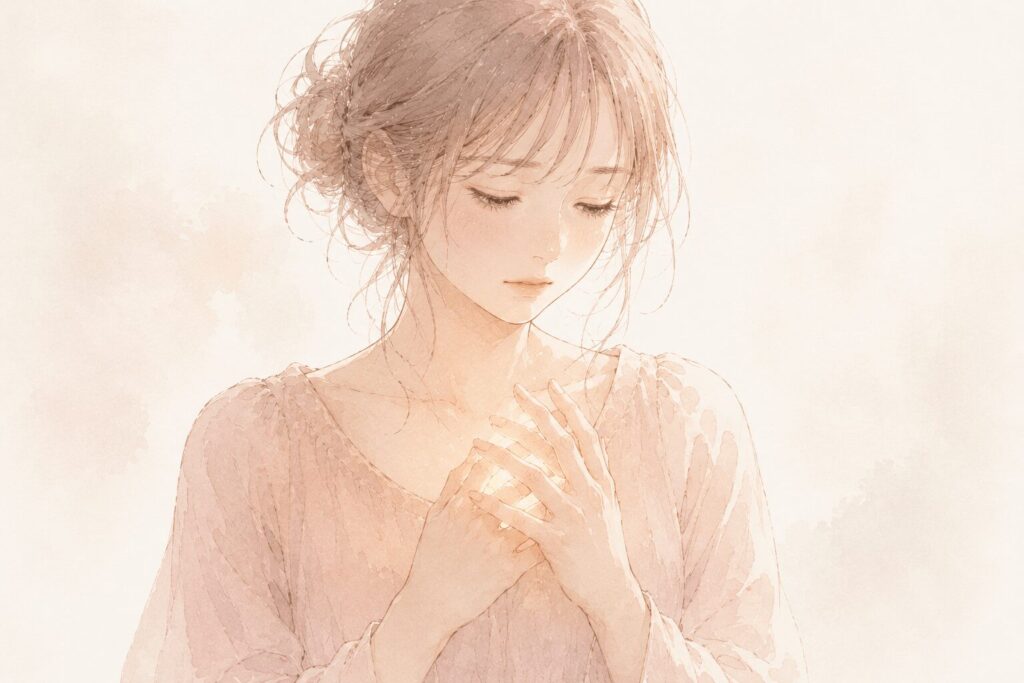 胸元で組んだ両手の指先からごく淡い光がこぼれ始めている女性のイラスト。まだ迷いが残る、手放し始めた途中の一瞬を表す