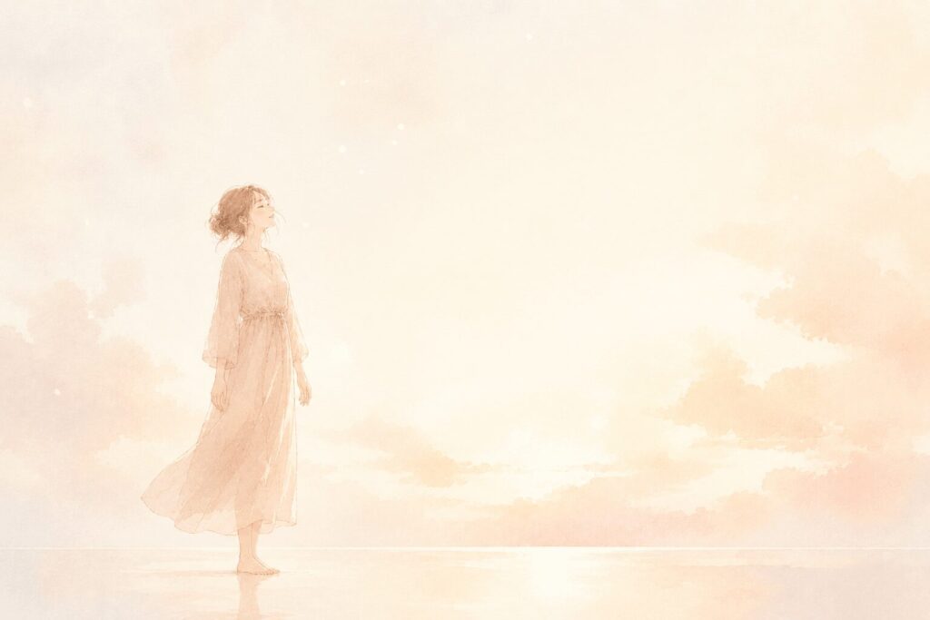 何もない広い光の空間に、手ぶらで静かに立つ女性の後ろ姿のイラスト。手放した後に残る穏やかな静けさと余白を表す