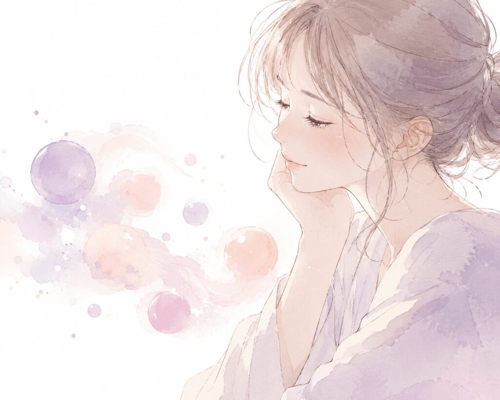 頬に手を添え、目の前に浮かぶ淡い色の泡をやさしく見つめている女性のイラスト。感情を打ち消さず、ただ静かに認めている様子を表す