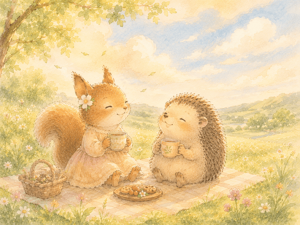 草原でリスとハリネズミが並んでお茶とクッキーを味わうひととき―なんでもない日常を一緒に味わう心地よさ