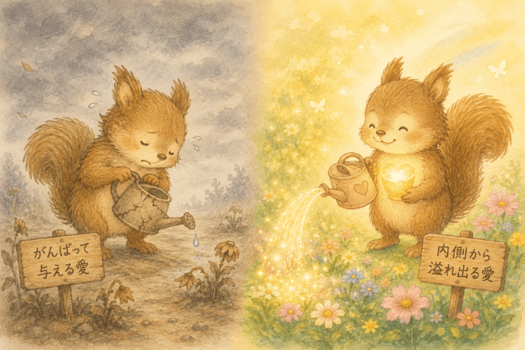 ひび割れたじょうろで頑張って水をやるリスと、内側から溢れる光で花を咲かせるリスを対比させた水彩イラスト、頑張る愛と内側から溢れる愛の違いを表現