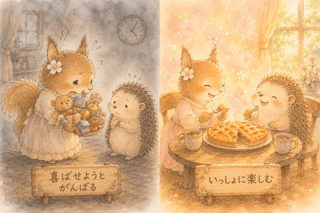 「与える」と「分かち合う」の違いを表す比較イラスト―プレゼントを差し出すリスと、パイを一緒に食べて笑い合うリスとハリネズミ
