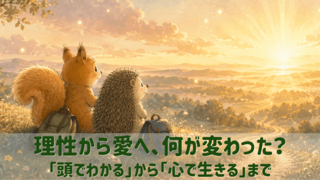 朝日の温かい光が差し込む丘の上で、リスとハリネズミが並んで座り、これまでの旅を振り返りながら夜明けを静かに見つめている水彩画風のイラスト。「理性から愛へ、何が変わった？ 『頭でわかる』から『心で生きる』まで」という文字が入った、第39回のブログアイキャッチ画像。
