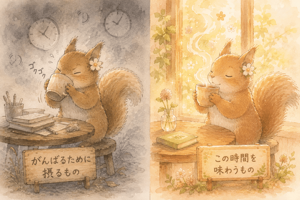左右対比のイラスト。左側は曇った色調で、時計に追われながらコーヒーを一気に飲むリスと「がんばるために摂るもの」の看板。右側は温かい光の中で、香りを味わいながらコーヒーを飲むリスと「この時間を味わうもの」の看板。頑張るための行為から、味わう時間への変化を表現。