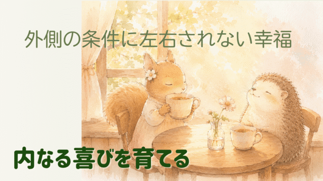 柔らかな朝の光が差し込む窓辺で、湯気の立つカップを手にしたリスとハリネズミが小さな木のテーブルを囲んでいる水彩画。テーブルには一輪の花。「外側の条件に左右されない幸福」「内なる喜びを育てる」という文字入り。ホーキンズの意識レベル540「喜び」をテーマにした記事のアイキャッチ。