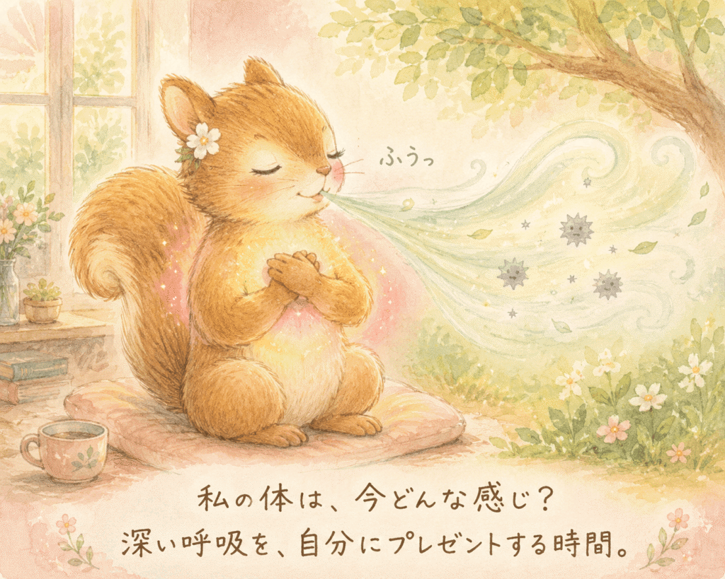 窓辺の柔らかな光の中、両手を胸の前で組み、目を閉じて深く息を吐いているリス。「私の体は、今どんな感じ?深い呼吸を、自分にプレゼントする時間。」という文字入り。吐く息は淡い緑色に光り、小さな星のような粒子が漂う。体の感覚に気づくことをテーマにしたイラスト。