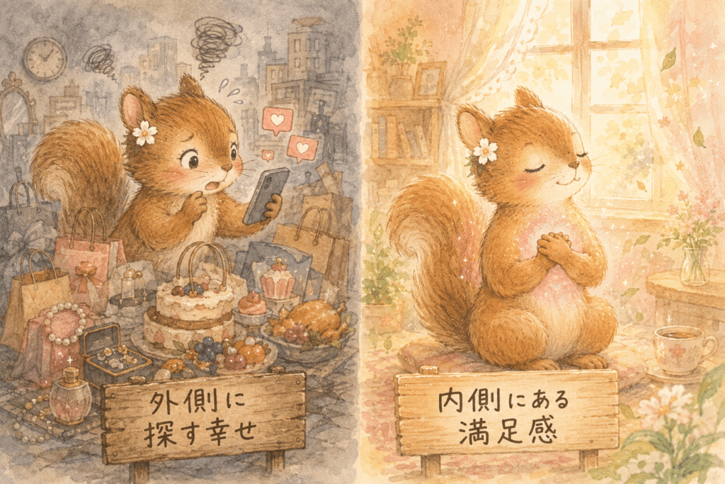 左右対比のイラスト。左側は曇った都会の風景を背景に、スマートフォンの通知や山積みの買い物袋、豪華な食事に囲まれながら不安げな表情のリスと「外側に探す幸せ」の看板。右側は柔らかな光が差し込む部屋で、目を閉じて両手を胸に当て、穏やかに満たされているリスと「内側にある満足感」の看板。外側に幸せを求める姿と、内側から満たされる姿を対比して表現。
